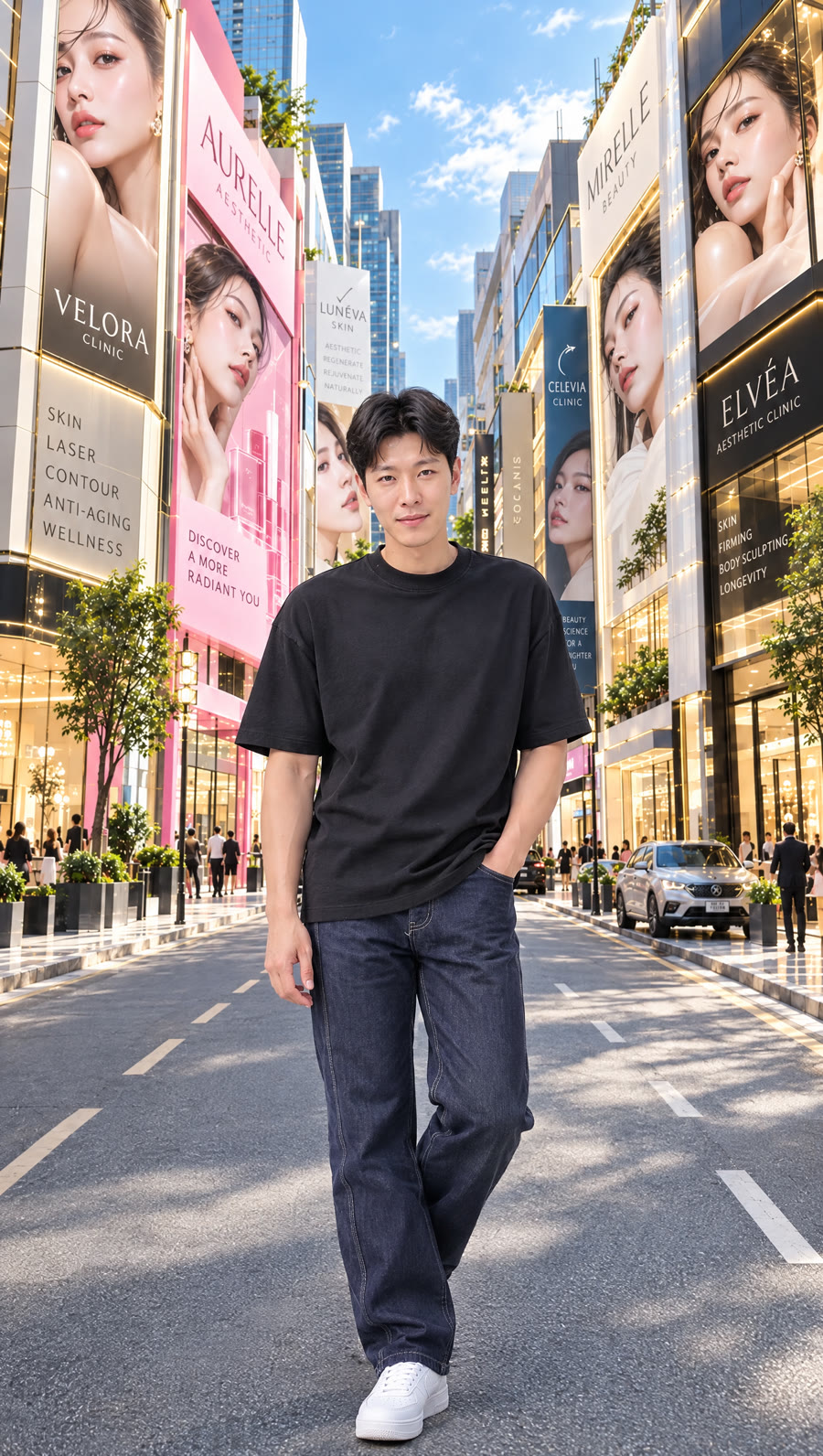 ADSIDEA ยืนกลางซอยที่มีคลินิกความงามเรียงกัน